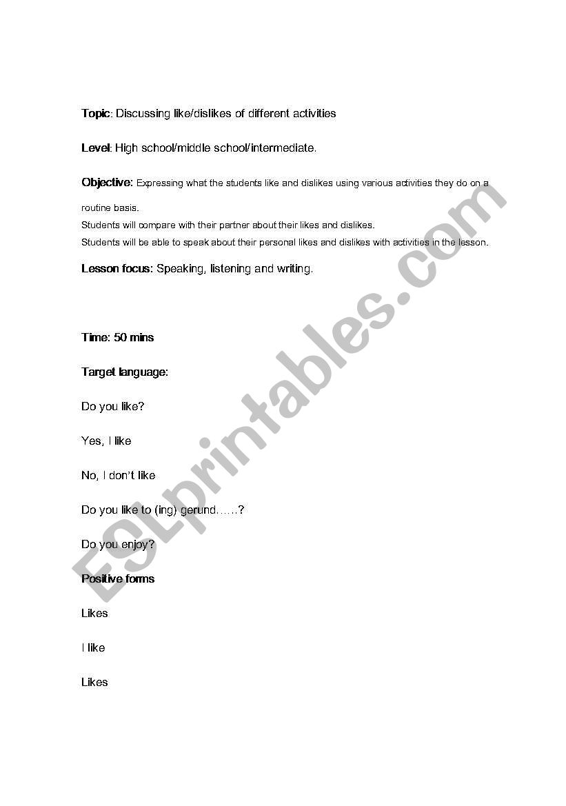 Likes and dislikes  worksheet