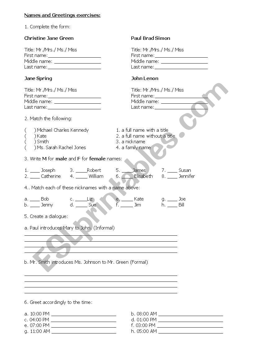 Names and Titles worksheet