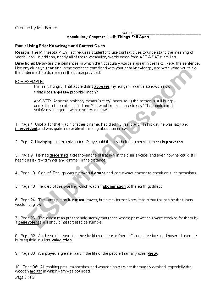 Vocabulary Worksheet for Things Fall Apart (chs. 1-5) by Chinua Achebe