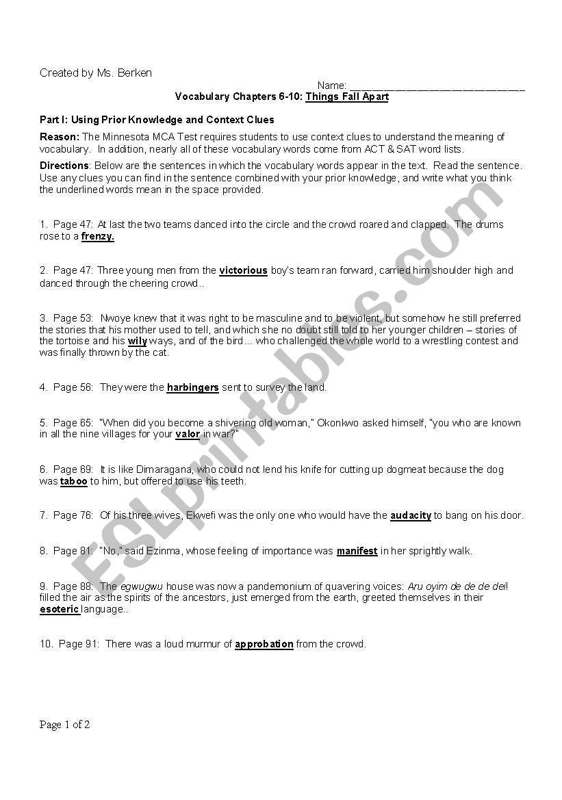 English Worksheets Vocabulary Worksheet For Things Fall