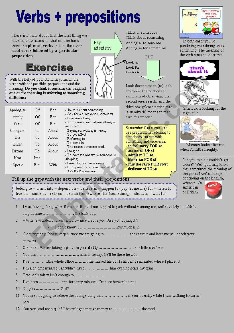 Verbs + prepositions with KEY worksheet