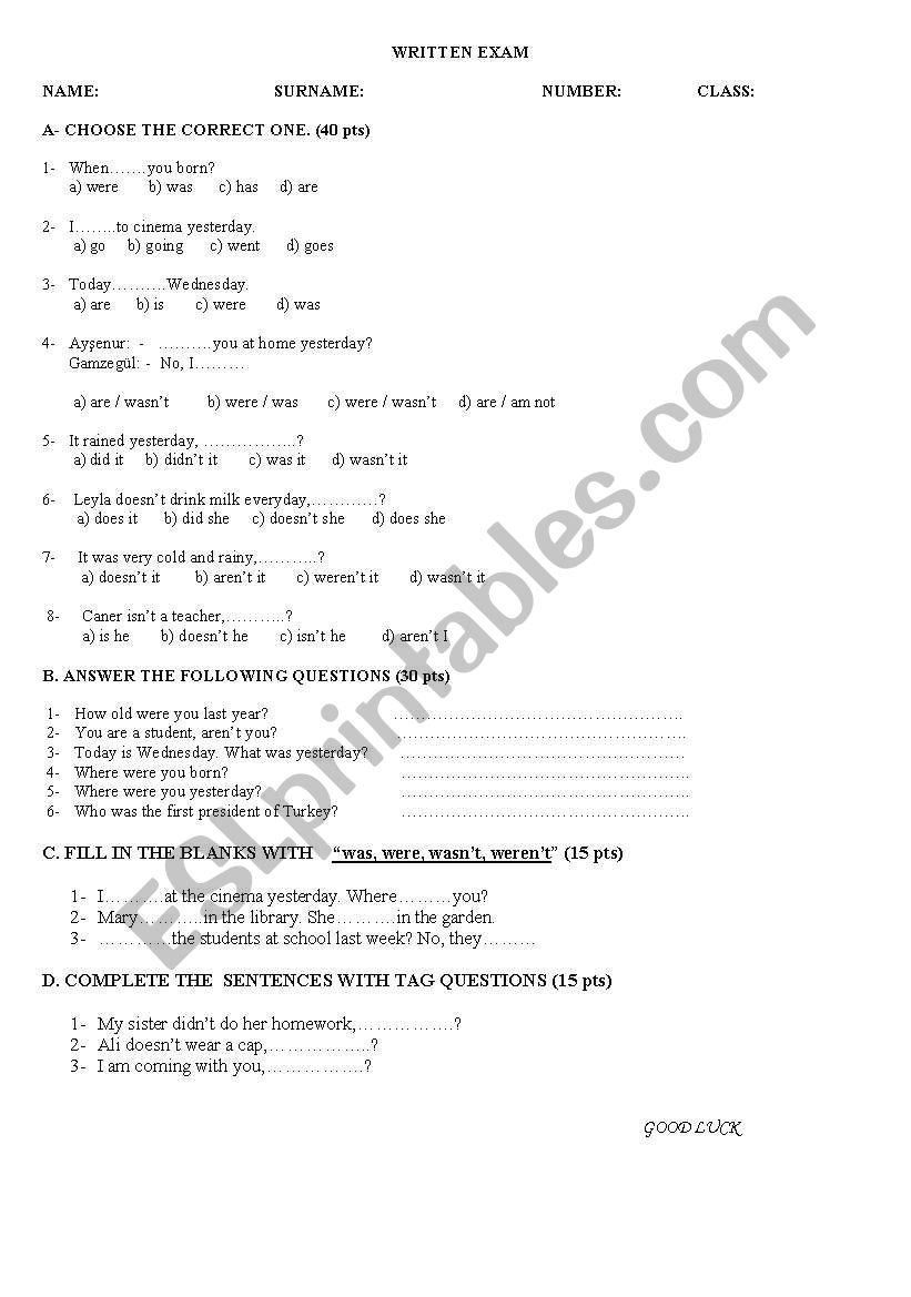 exam for elementaries worksheet