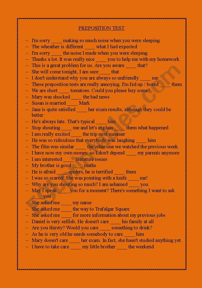 Preposition test 1 worksheet