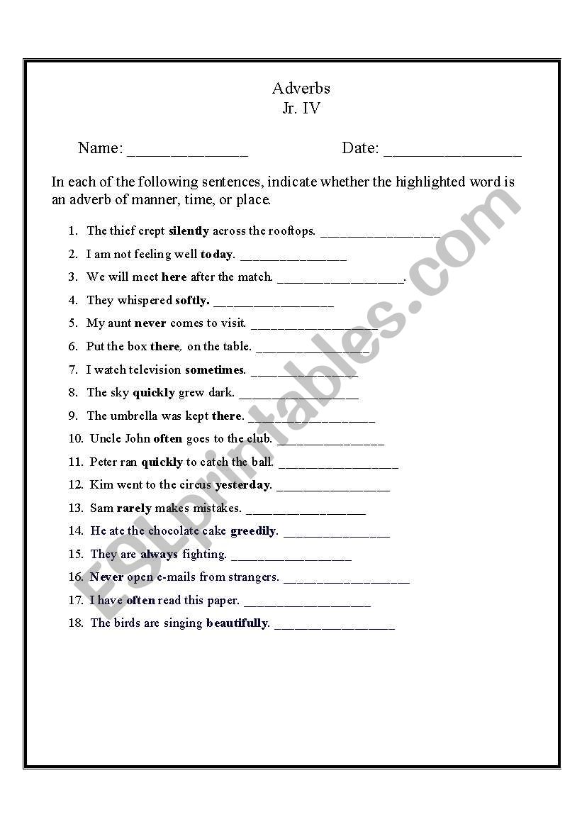 Type of Adverbs worksheet