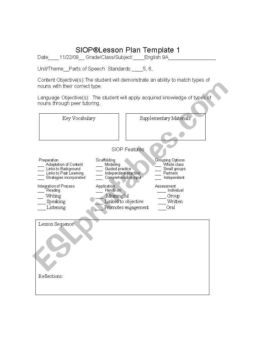 SIOP lesson plan template worksheet