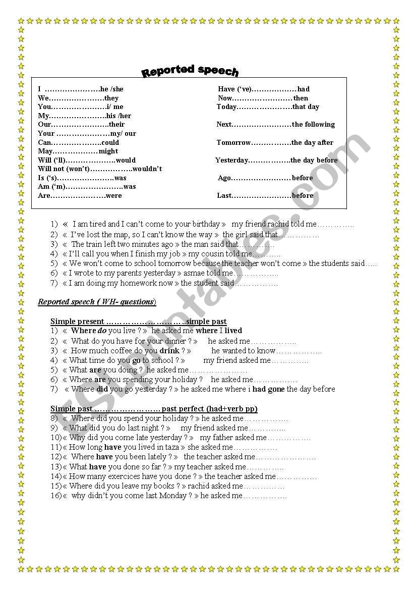 reported speech worksheet