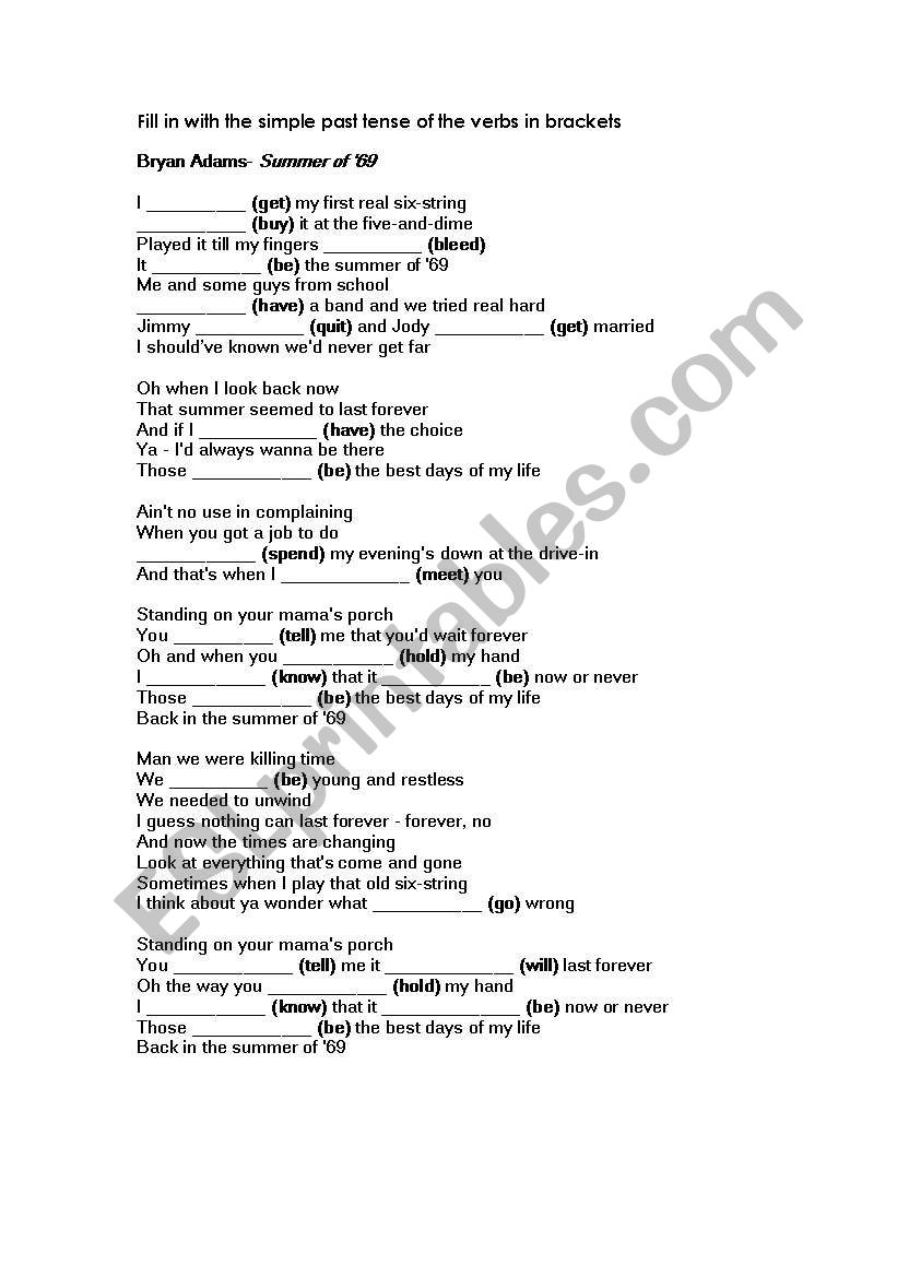 Summer of 69 song worksheet