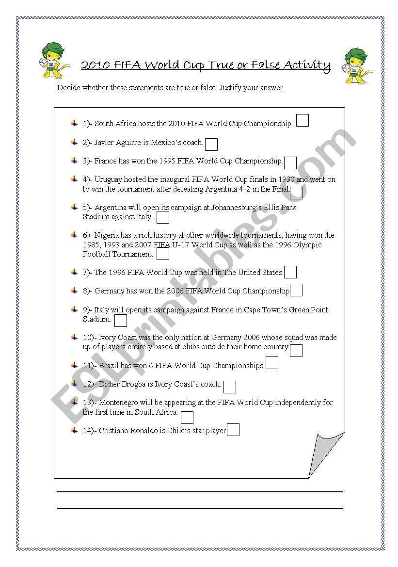 World Cup 2010 True or false activity