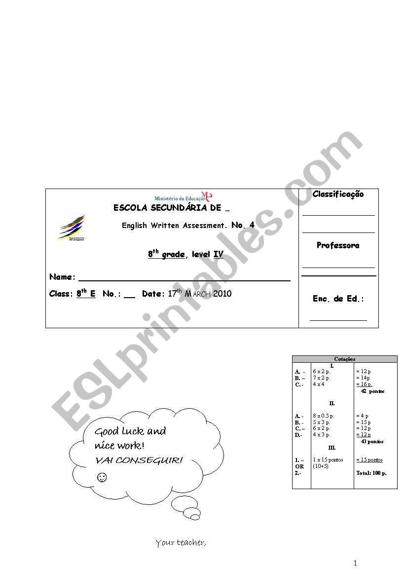 Written assessment no. 4 (unit teen life - book Spotlight 4, 8th form)