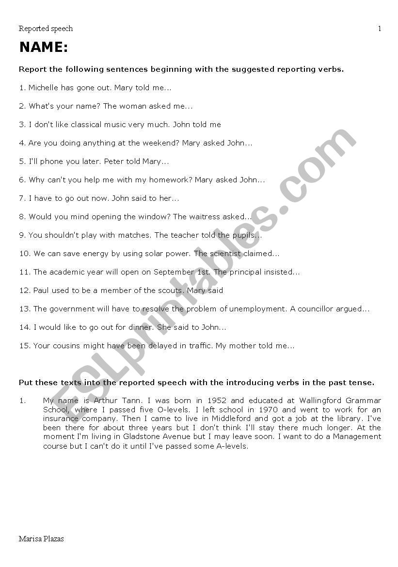 REPORTED SPEECH worksheet