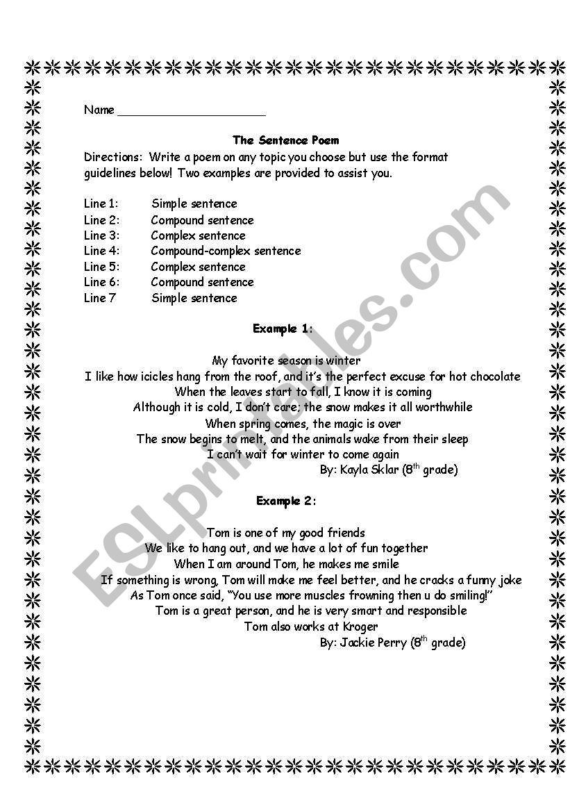 Sentence Poems worksheet