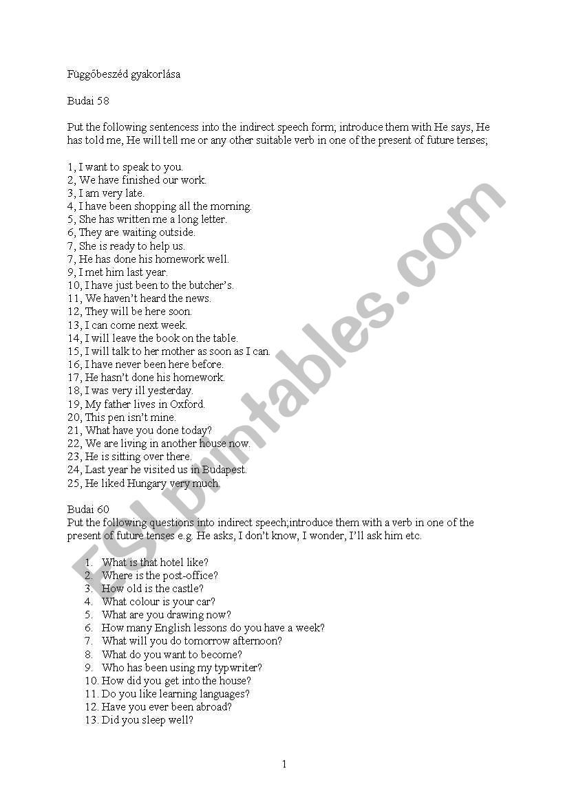 Reported Speech worksheet