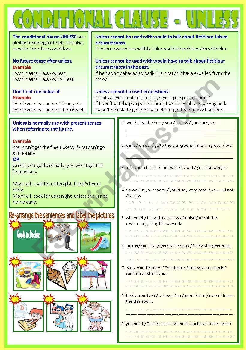 Conditional Clause - Unless   (B/W & Answers)