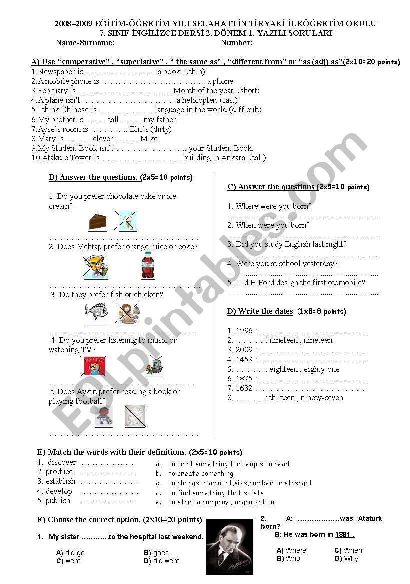 written exam worksheet
