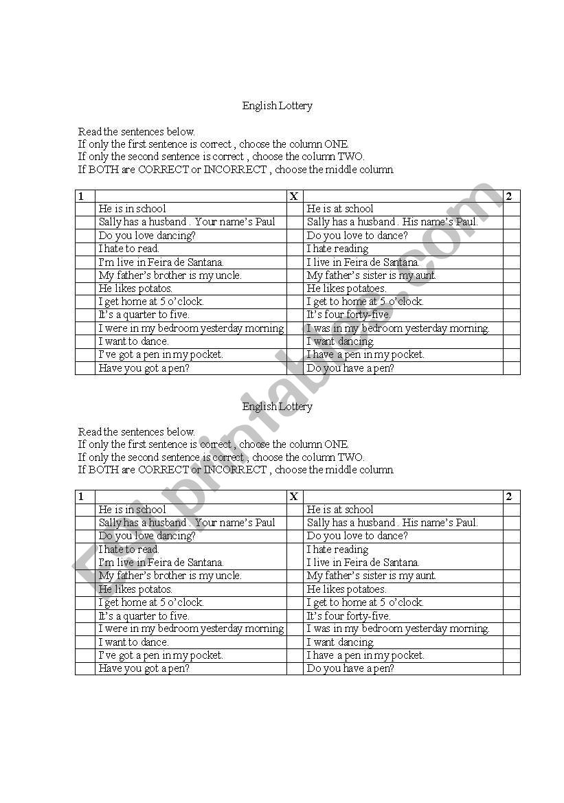 English worksheets English Lottery