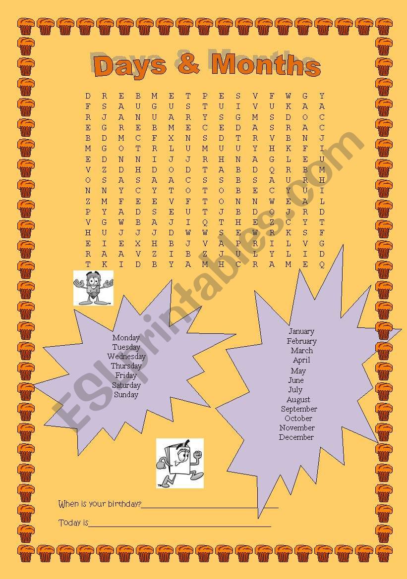 wordsearch on days and months worksheet