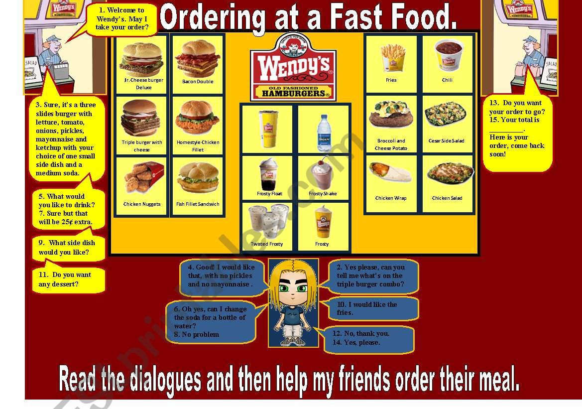 Ordering at a fast food worksheet