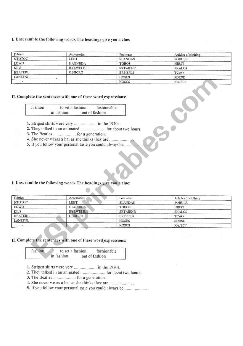 worksheet on fashion worksheet
