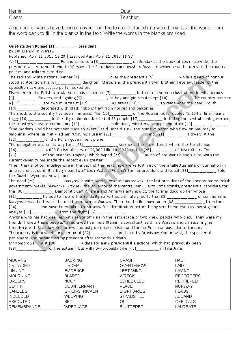 CLOZE TEST ON THE POLISH AIR DISASTER