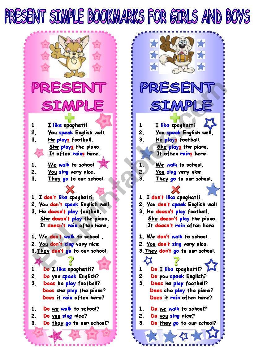 Present Simple - Bookmarks for Girls and Boys