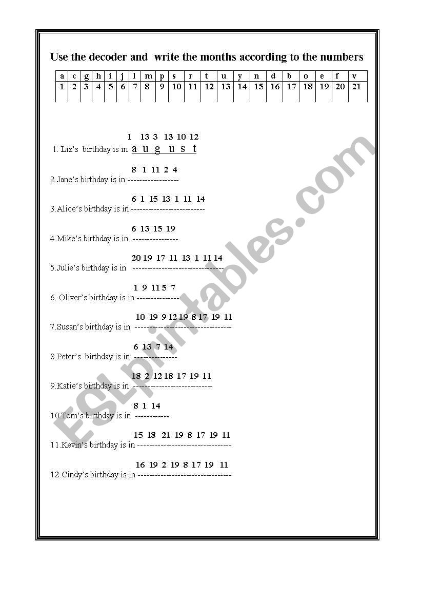 months worksheet