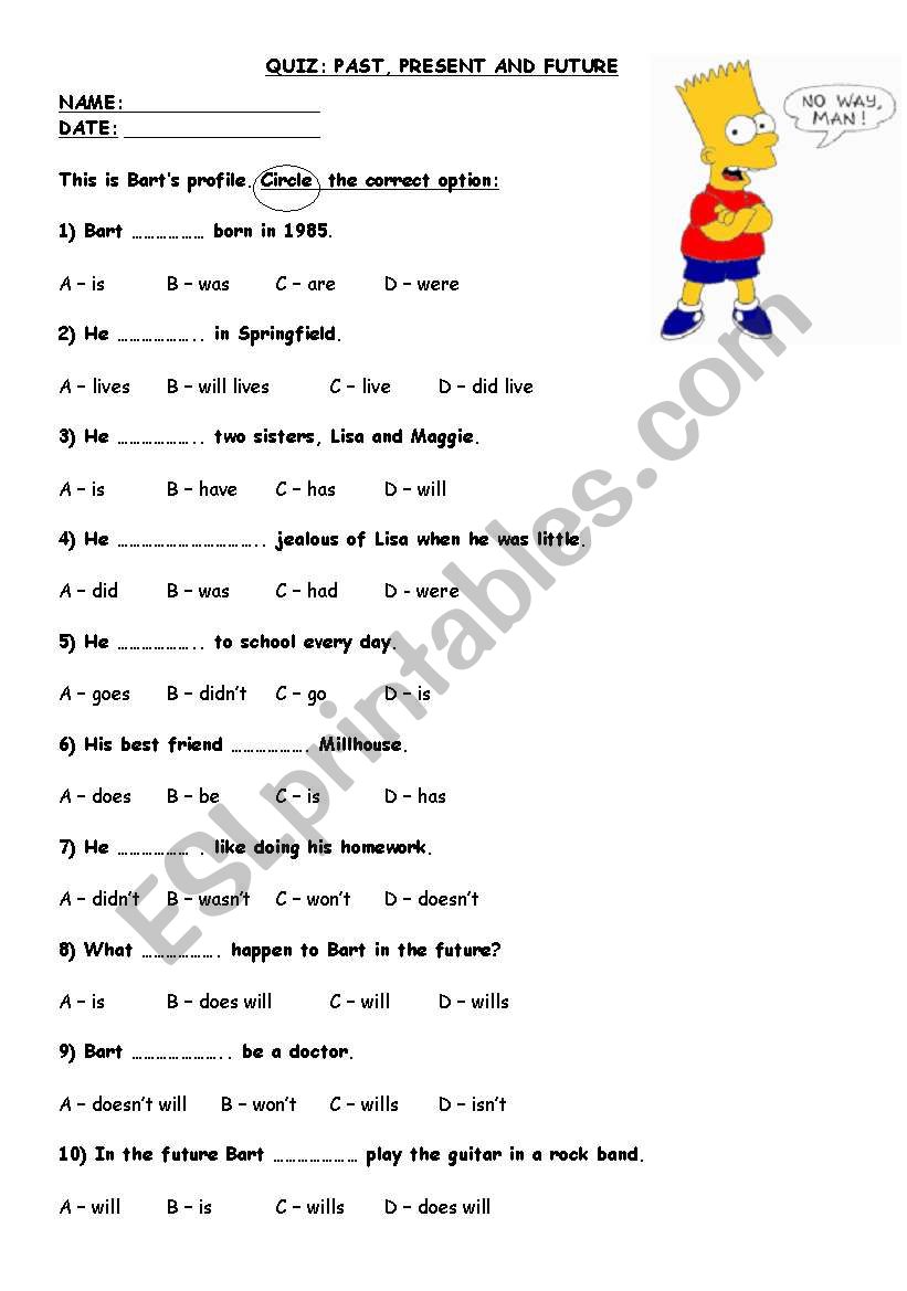 Bart: past, present, future worksheet