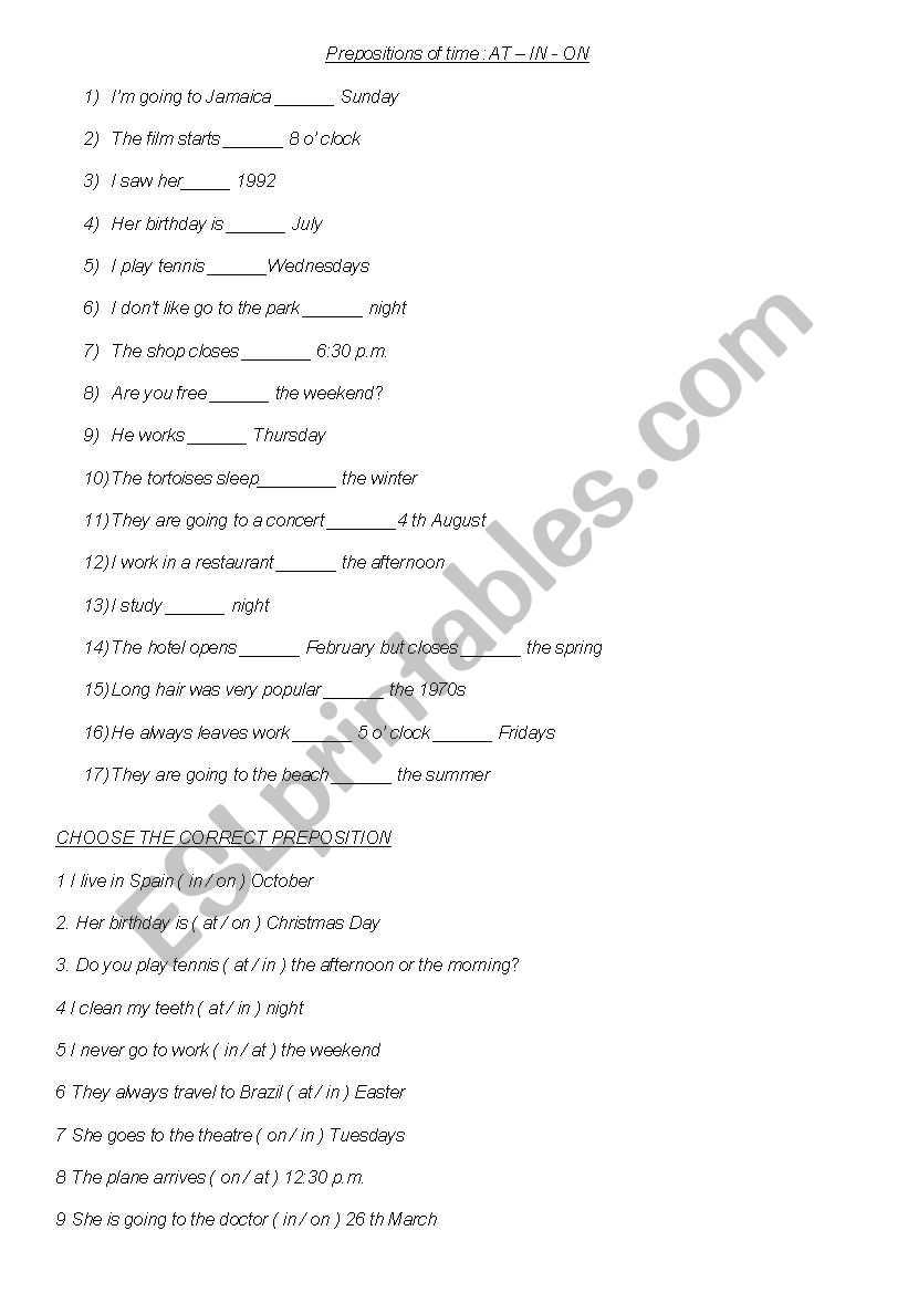 PREPOSITIONS OF TIME worksheet