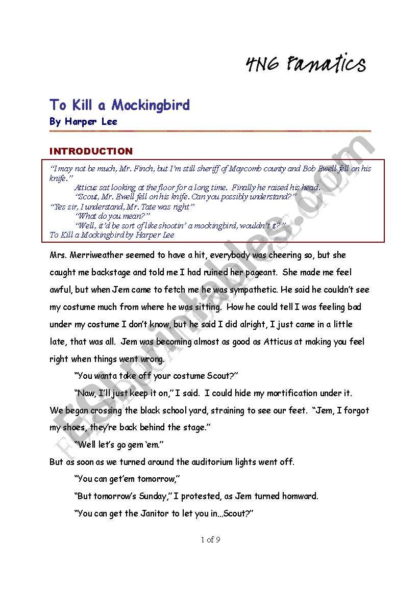 to kill a mocking bird worksheet
