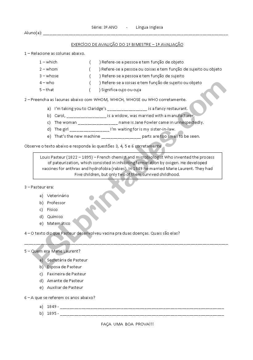 Avaliao do 1 Bimestre - Relative Pronouns e Texto para Interpretao