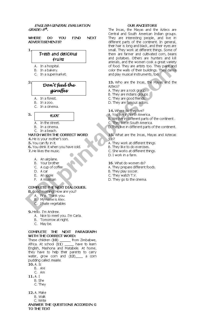 test for 6th grade worksheet