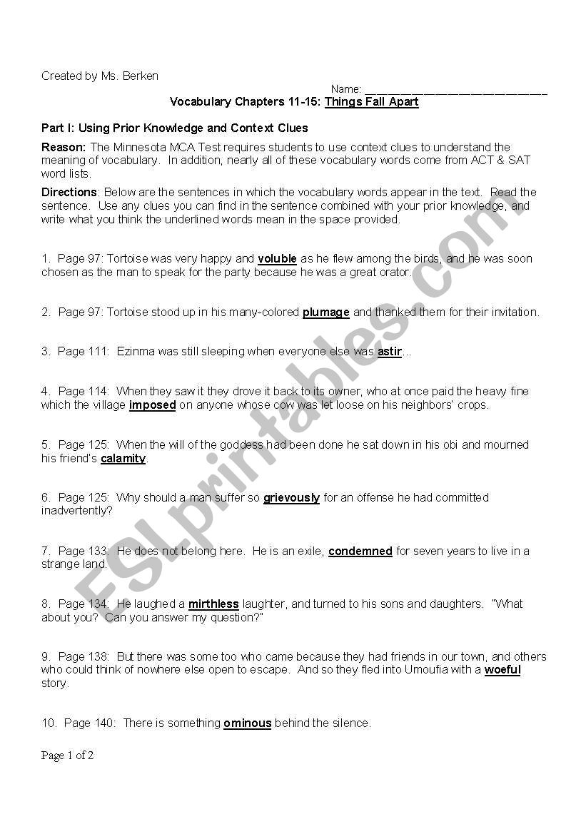Vocabulary Worksheet - Things Fall Apart by Chinua Achebe (chs. 11-15)