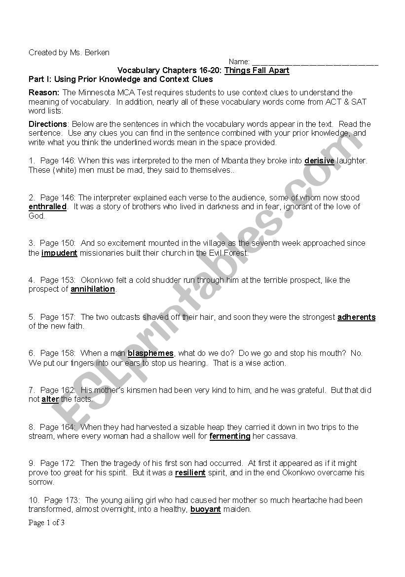 Vocabulary Worksheet - Things Fall Apart by Chinua Achebe (chs. 16-20)