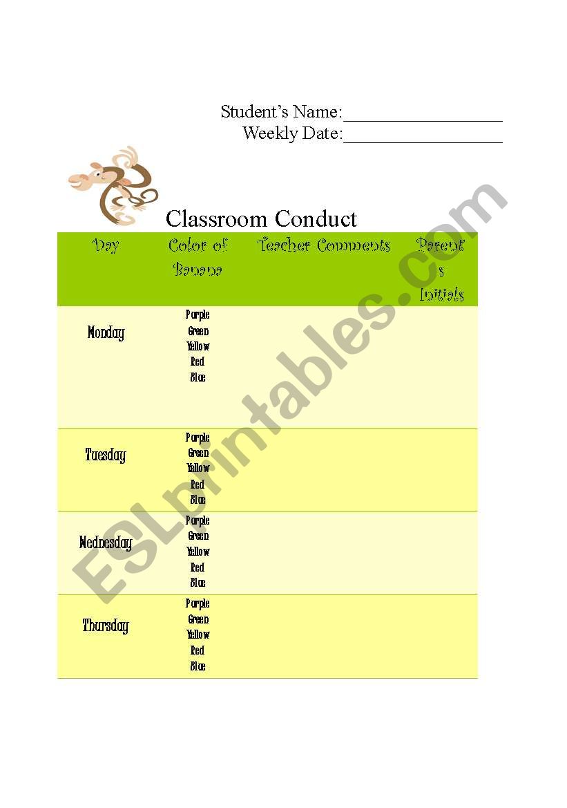 Weekly Classroom Conduct Sheet