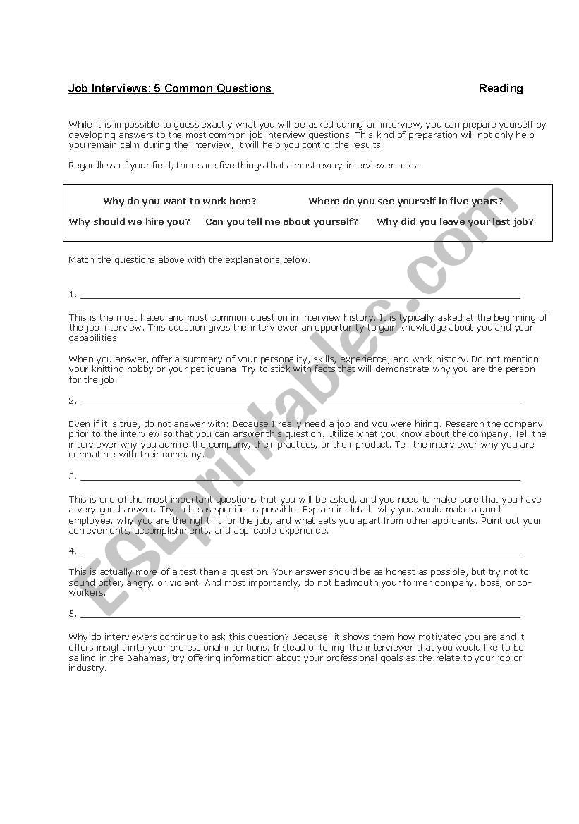 Common Job Interview Questions: Reading and Writing
