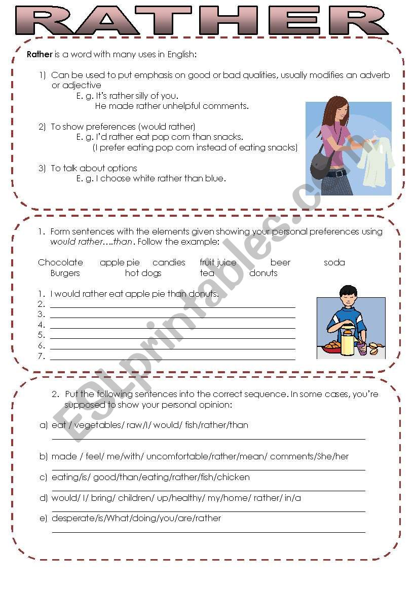 Rather- One word Many options worksheet