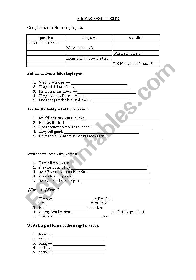 SIMPLE PAST - TEST 2 worksheet