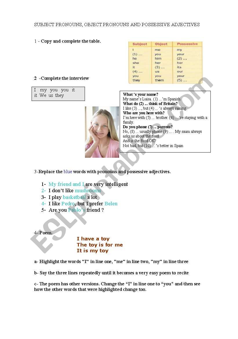 subject , object pronouns and possessive adjectives  