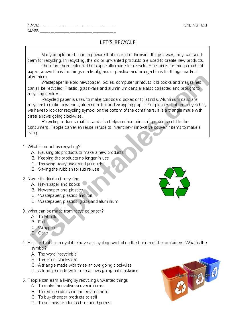 Lets Recycle worksheet