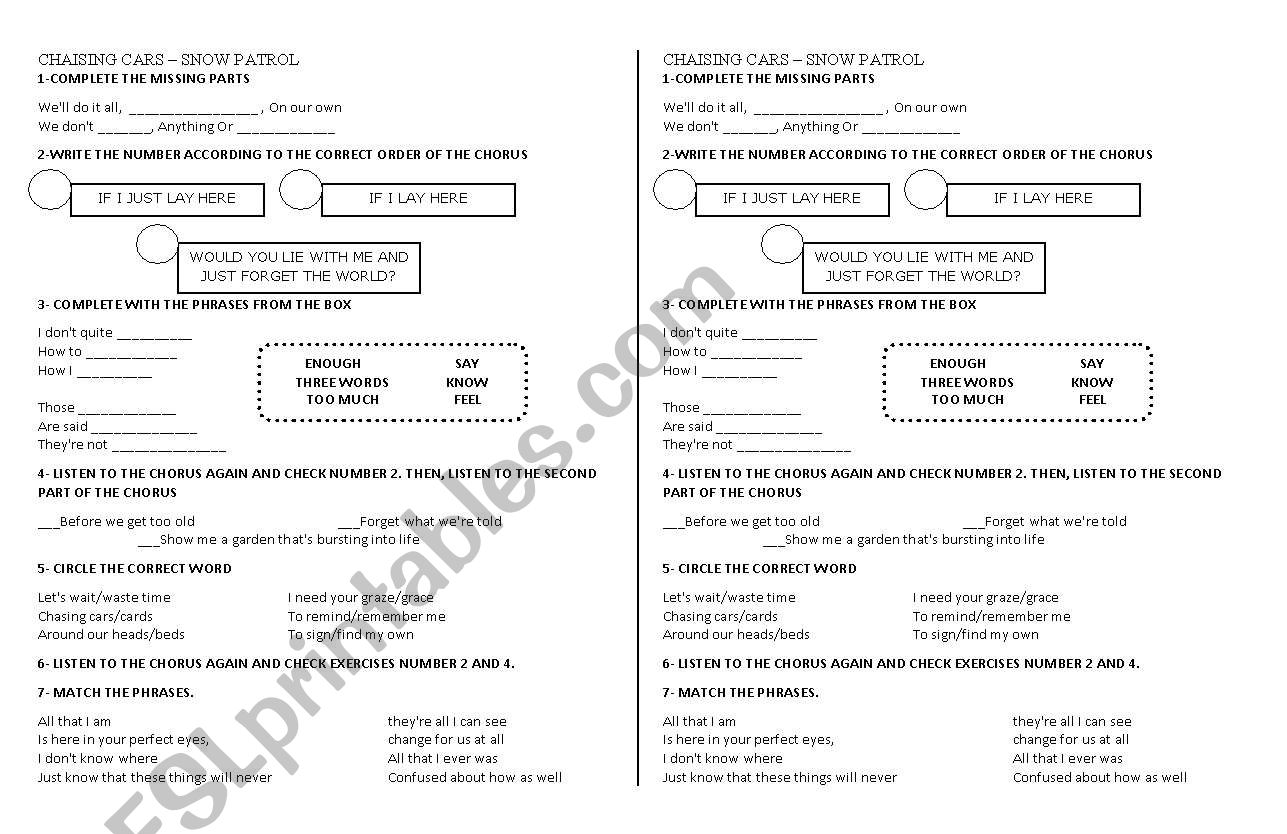 Snow Patrol - Chasing Cars worksheet