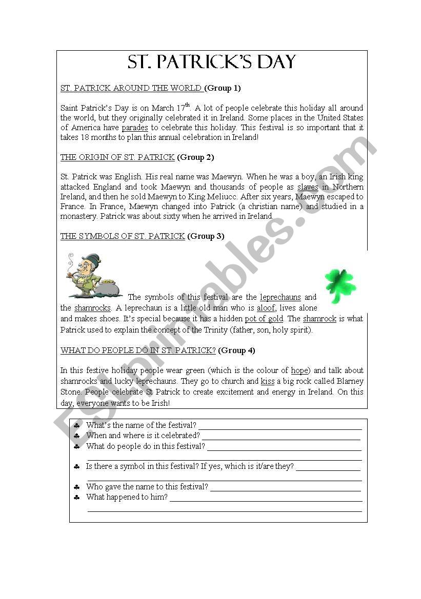 st patricks day reading comprehension