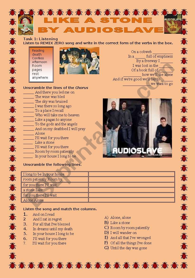 like a stone by audioslave worksheet