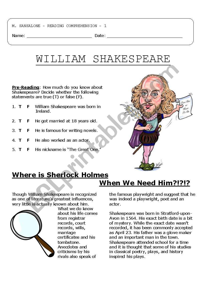 4 pg, Reading Comprehension: Shakespeare