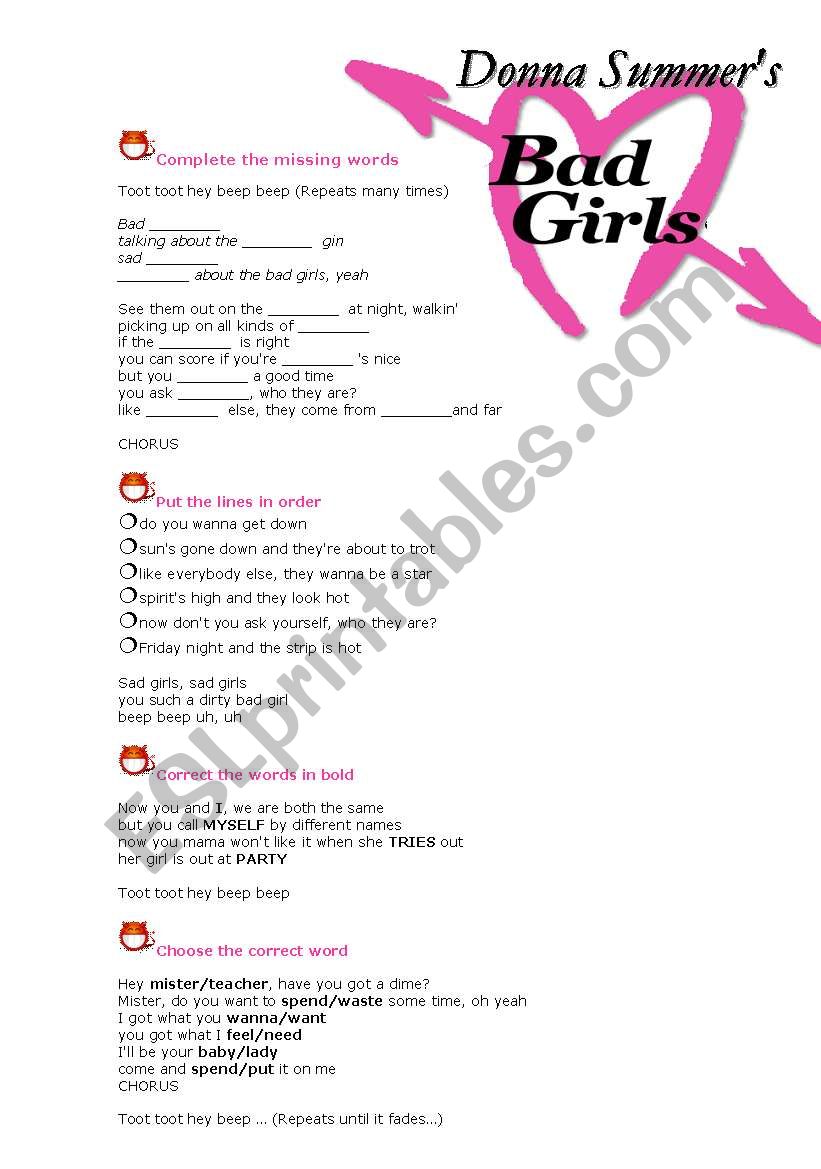 Bad Girls - Donna Summer- worksheet