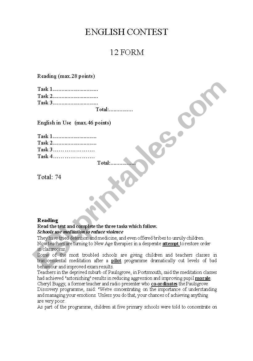 12th form English contest worksheet