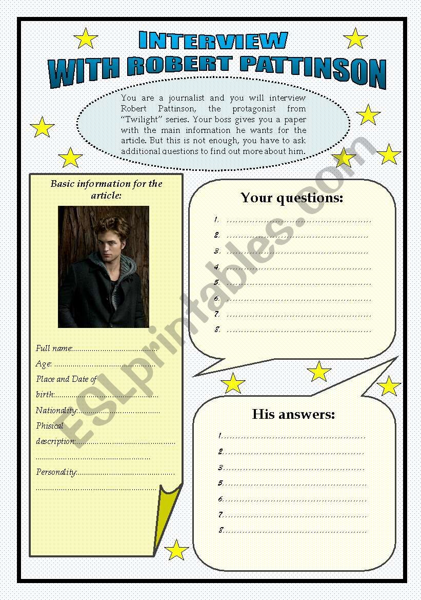 Interview with Robert Pattinson (Twilight) - Writing and Speaking activity