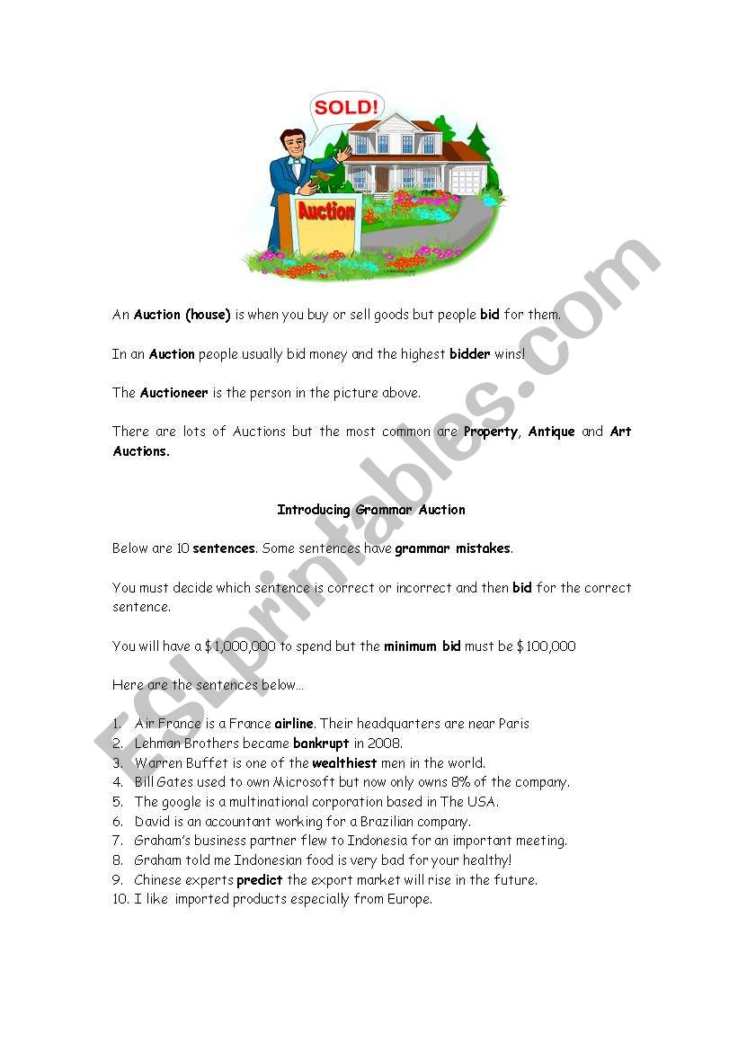 Business Grammar Auction worksheet