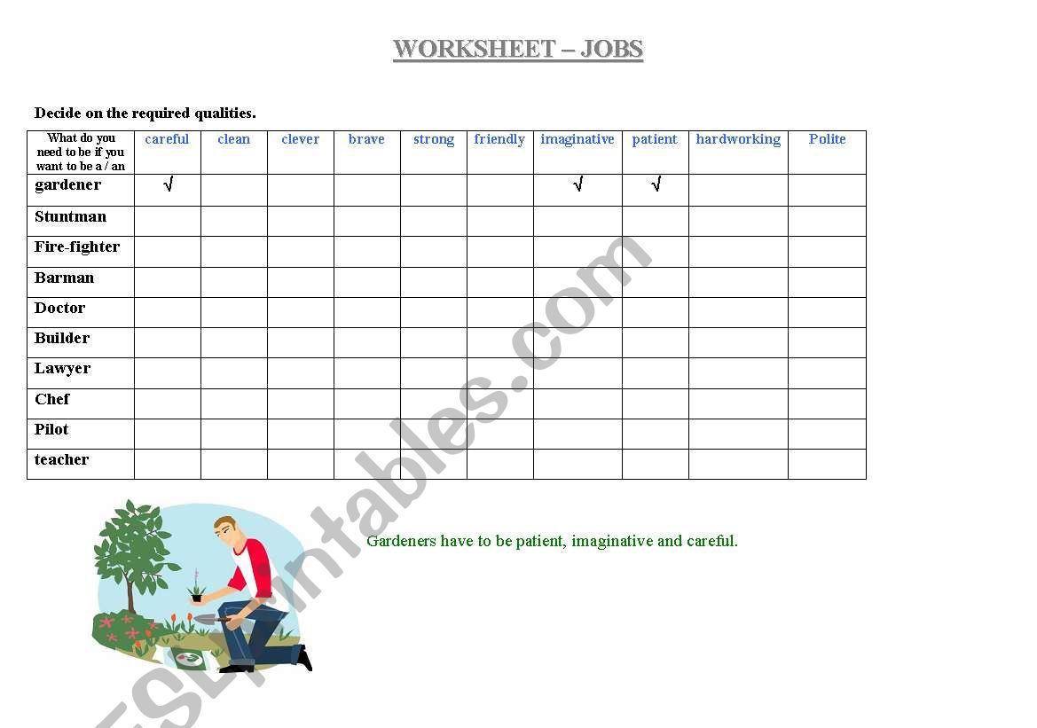 Jobs and adjectives worksheet