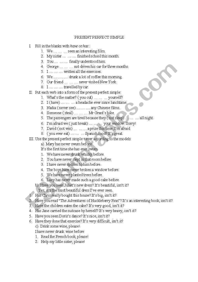 Present Perfect Simple worksheet