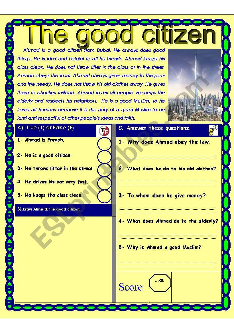 Reading comprehension test. ( Being a good citizen) Theme (Citizenship and civic responsibilities)