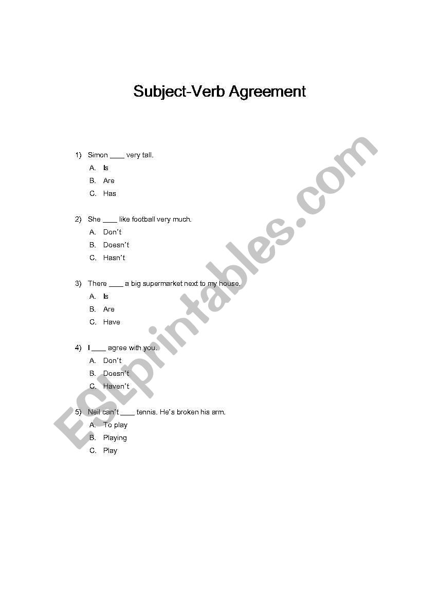 simple 5 question subject-verb agreement test